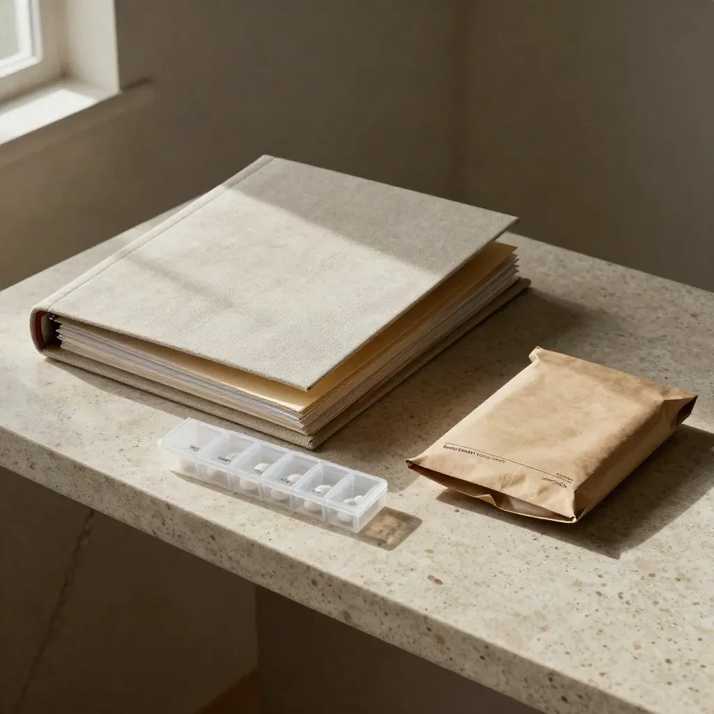 Closed care binder, pill organiser, and follow-up pack on travertine stone in soft daylight.
