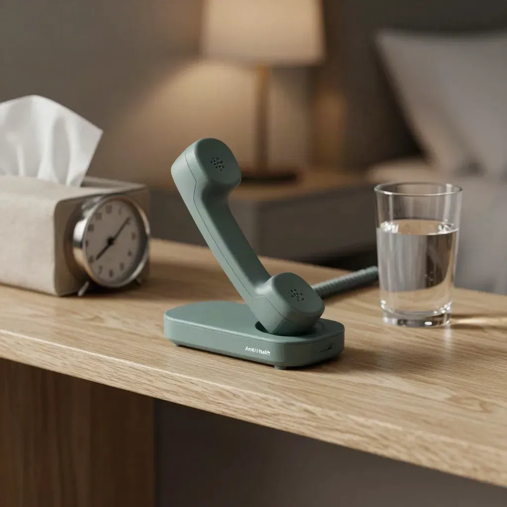 Bedside follow-up still life with phone dock, handset, alarm clock, tissue box and water glass