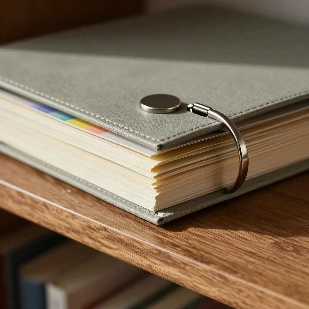 Closed care-planning binder, tab folders and phone cradle on a walnut shelf in soft daylight.
