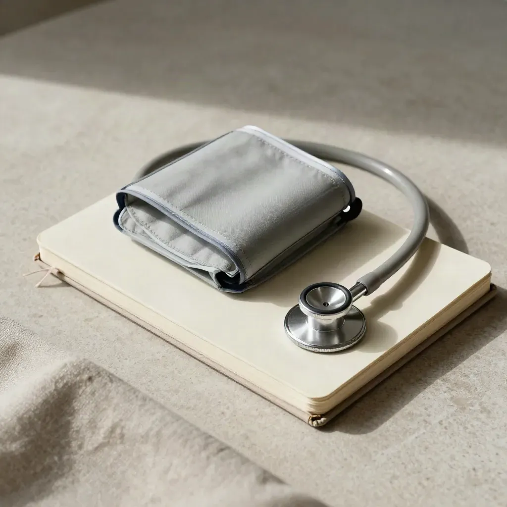 Overhead flatlay of a notebook, blood-pressure cuff and stethoscope on cream linen